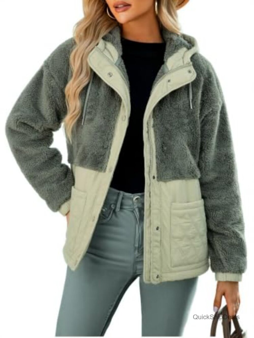 Womens Sherpa Fleece Jacket Quilted Hooded Snap Zip Casual Coat